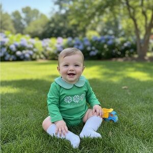 Green Clover Appliqué Boy's One Piece Bubble "Cutest clover in the patch"
